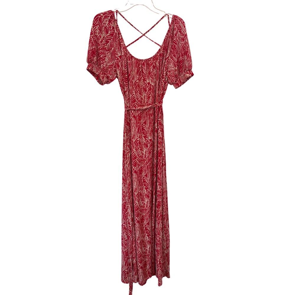 Lapis Maxi Dress Red Cream Tropical Palm Print Cross Back Short Sleeve Size L